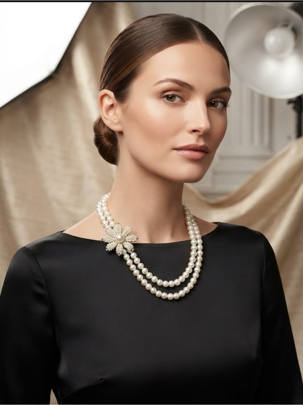 Vintage Elegant Faux Double-Strand Pearl Necklace with Floral Pearl Accent White